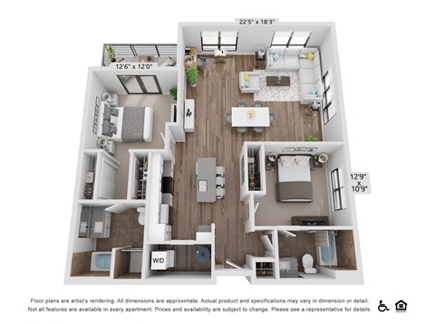 Floor plan for 2 beds, 2 baths, 1207 sqft